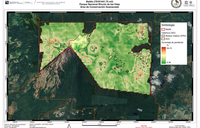 Figura 2. Cobertura y pendiente de la reserva nacional ubicada dentro de los límites del Parque Nacional Rincón de la vieja, inscrita bajo el folio real N°2-655794-000. Nótese que la reserva se constituye por más de un 90% de bosque maduro. Fuente: IRT-ACG, 2026.