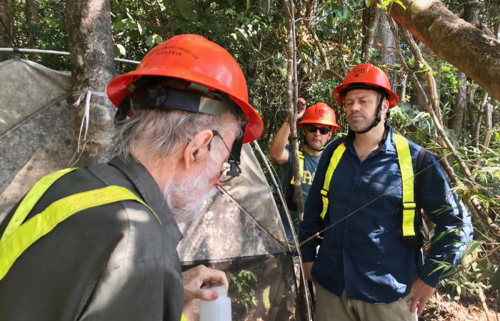 Daniel Janzen explicando Proyecto Biomonitoreo con Trampas Malaise a Cesar Moreno-Triana (Centro Patrimonio Mundial UNESCO) y Tilman Jaeger (UICN), Paillas II, 25 de enero 2018, Fotografía: Roger Blanco